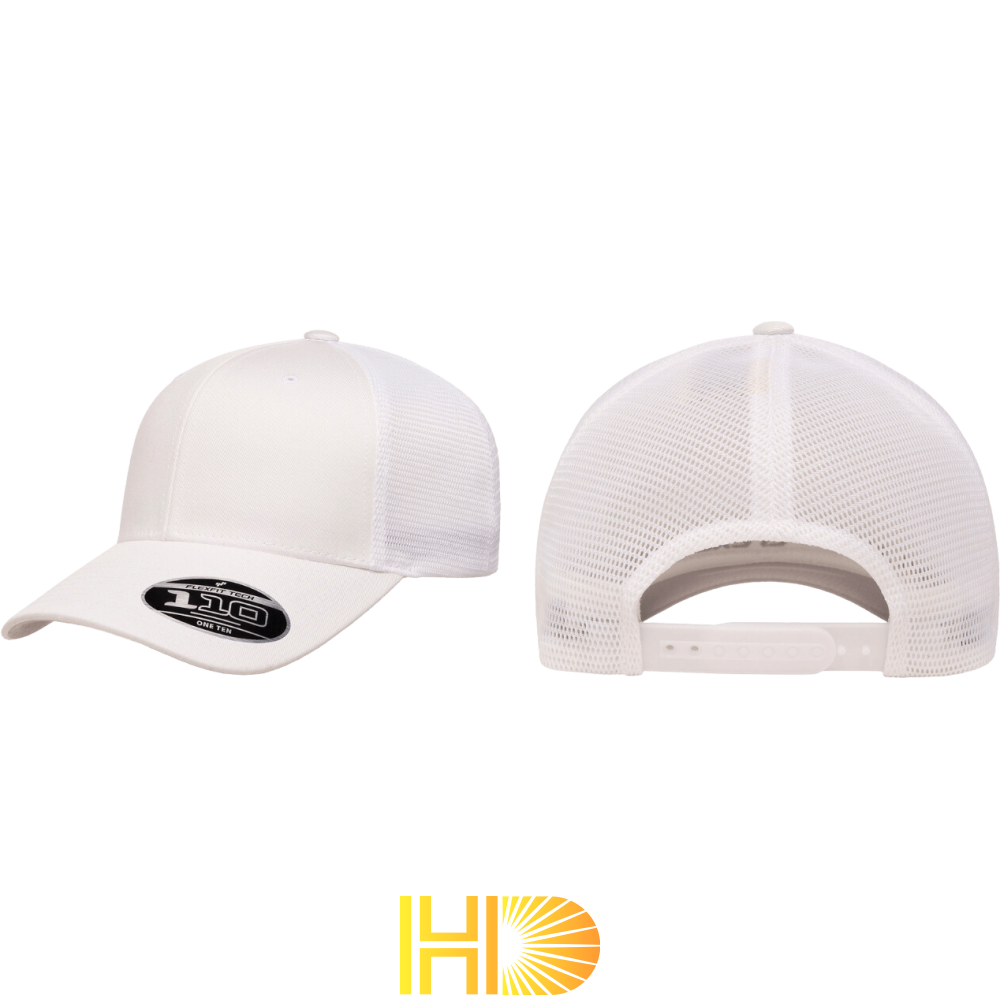 Flexfit 110 mesh trucker cap with custom embroidery, structured mid-profile design. Custom Flexfit Mesh Trucker Cap