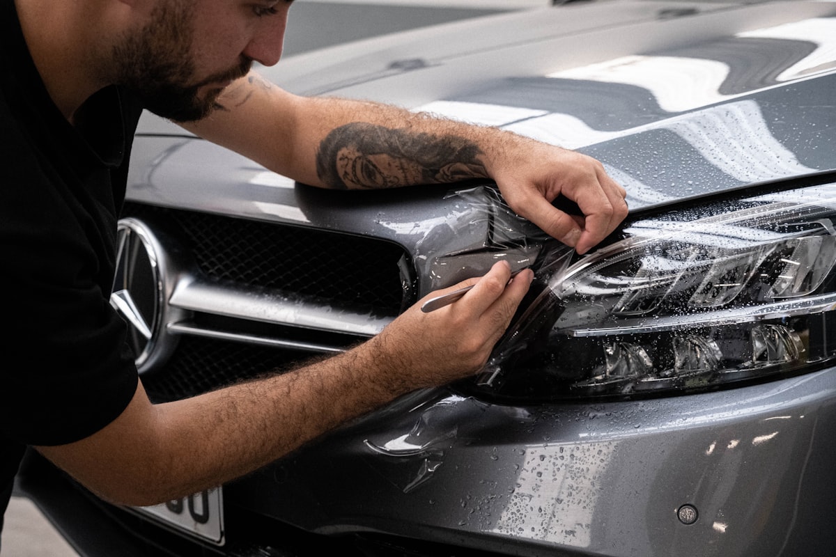 Professional auto detailer finishing car paint correction